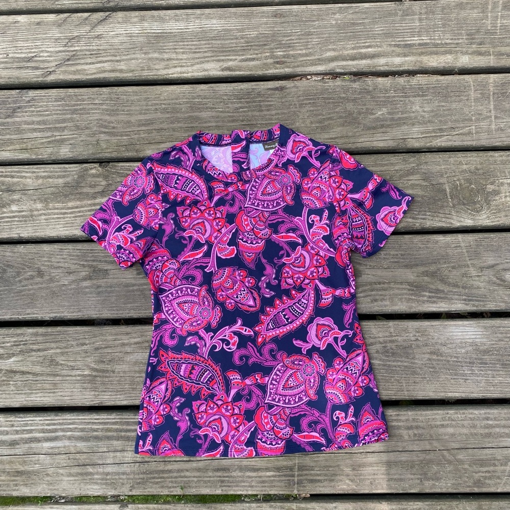Tommy Bahama Pink and Purple Paisley print short sleeve rash guard shirt